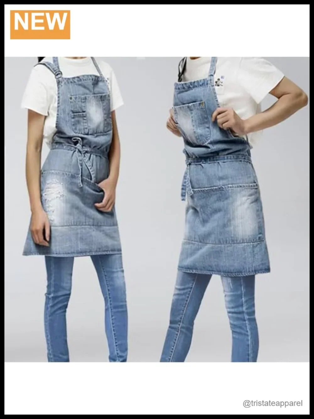 Cotton Denim Bib Apron with 5 Pockets for Cooking, BBQ, Workshop
